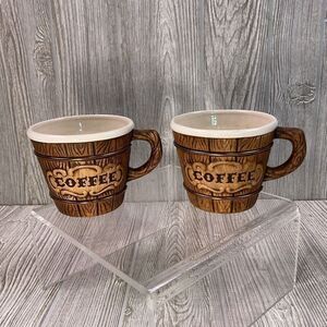 Vintage 1958 Treasure Craft Pottery Mugs Barrel Design MCM Set of 2